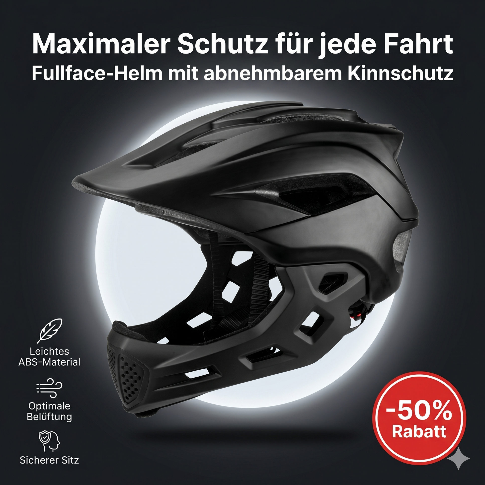 Fullface Fahrradhelm mit abnehmbarem Kinnschutz in Schwarz für MTB und Downhill mit optimaler Belüftung