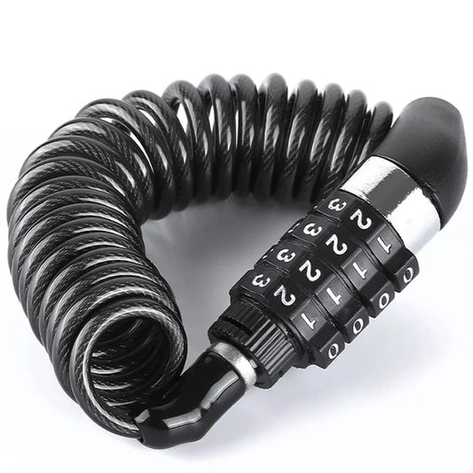Schwarzes KeyLock Smart Spiralkabelschloss mit 4-stelligem Zahlencode für Fahrräder und Helme