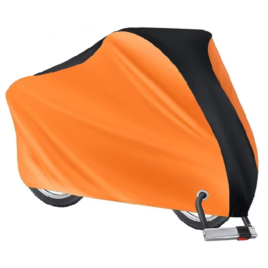 Wasserdichte RainLock Fahrradabdeckung in Orange und Schwarz mit integrierter Öffnung für ein Fahrradschloss